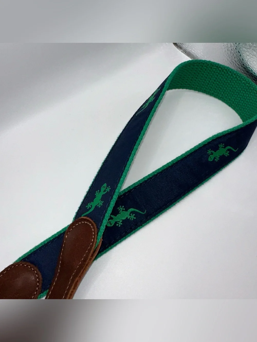 Kids Navy and Green Embroidered Canvas Belt with Brown Leather Trim